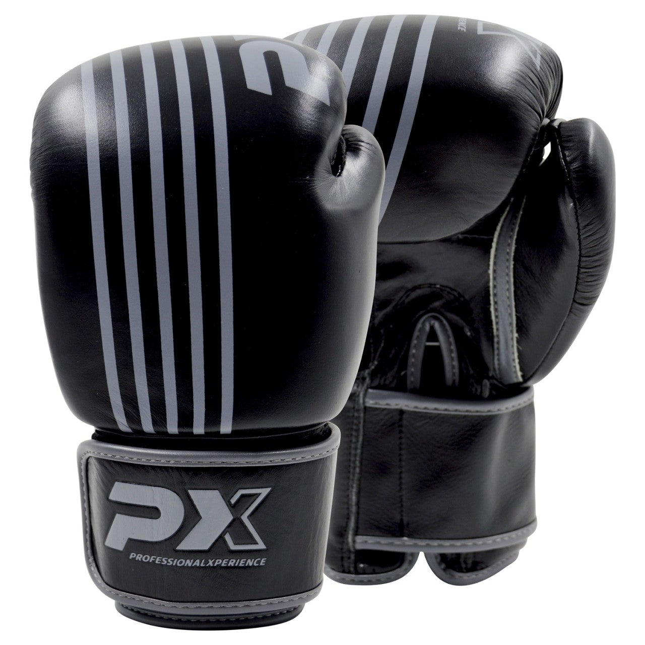 Gants de boxe PX en cuir noir-gris – coupe ergonomique, avec fermeture velcro