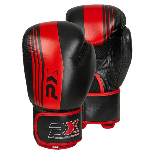Gants de boxe PX en cuir noir et rouge – coupe ergonomique, avec fermeture velcro