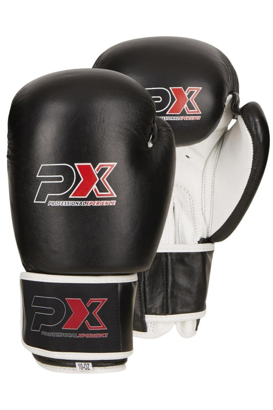 Gants de boxe PX en cuir noir et blanc 8-16 oz - Gants d'entraînement rembourrés
