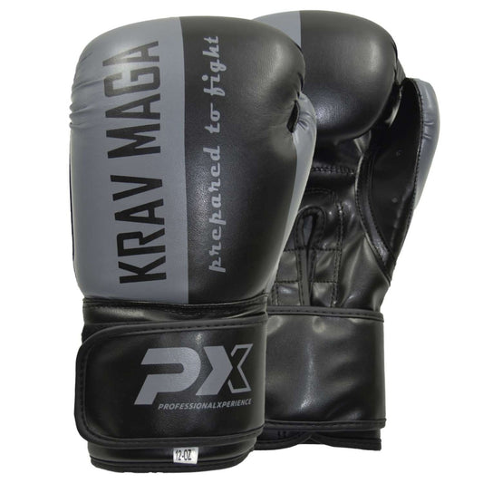 Gants de boxe PX « Krav Maga » en PU noir-gris – coupe ergonomique, avec fermeture velcro