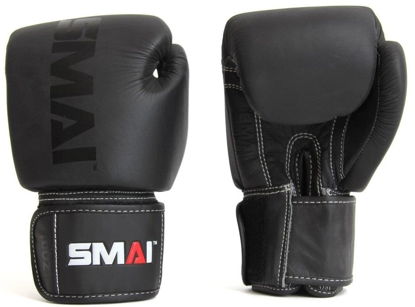 Gants de boxe SMAI Elite P85, cuir, noirs – Coupe ergonomique, avec fermeture Velcro