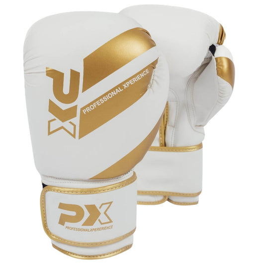 Gants de boxe PX, cuir synthétique, blanc-or, design robuste – coupe ergonomique