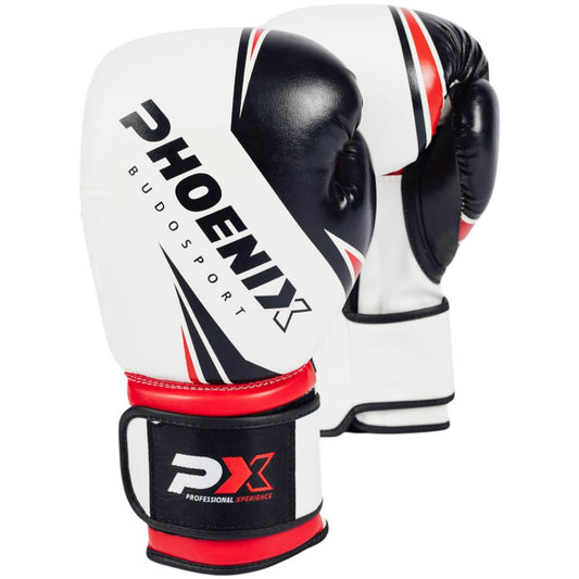 Gants de boxe PX Legacy en cuir synthétique, blanc-noir-rouge – coupe ergonomique, avec fermeture velcro