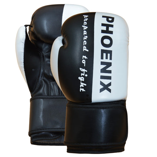 Gants de boxe PX « Préparé au combat » en PU noir et blanc – coupe ergonomique