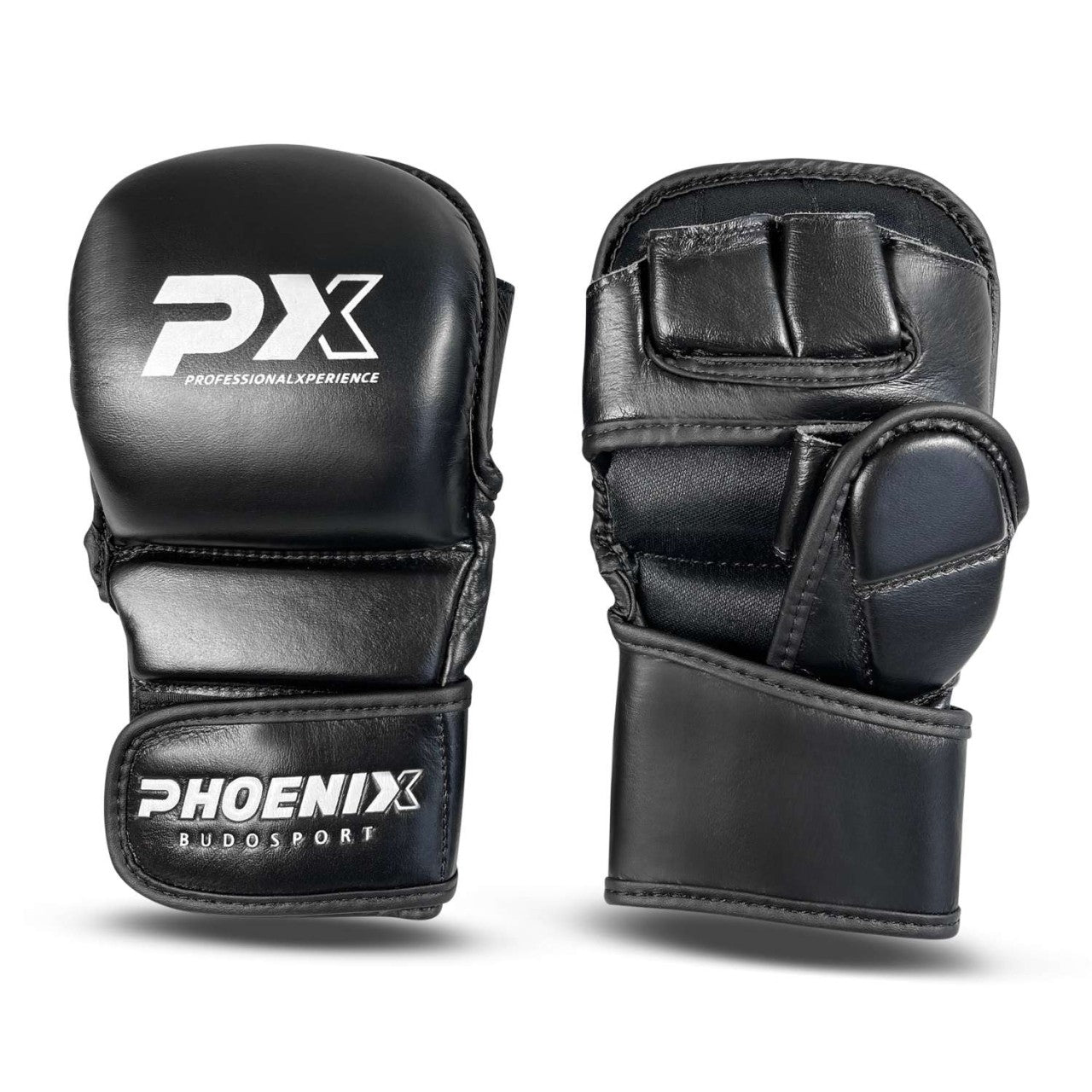 Protège-mains PX MMA en cuir noir, coupe ergonomique – avec fermeture velcro