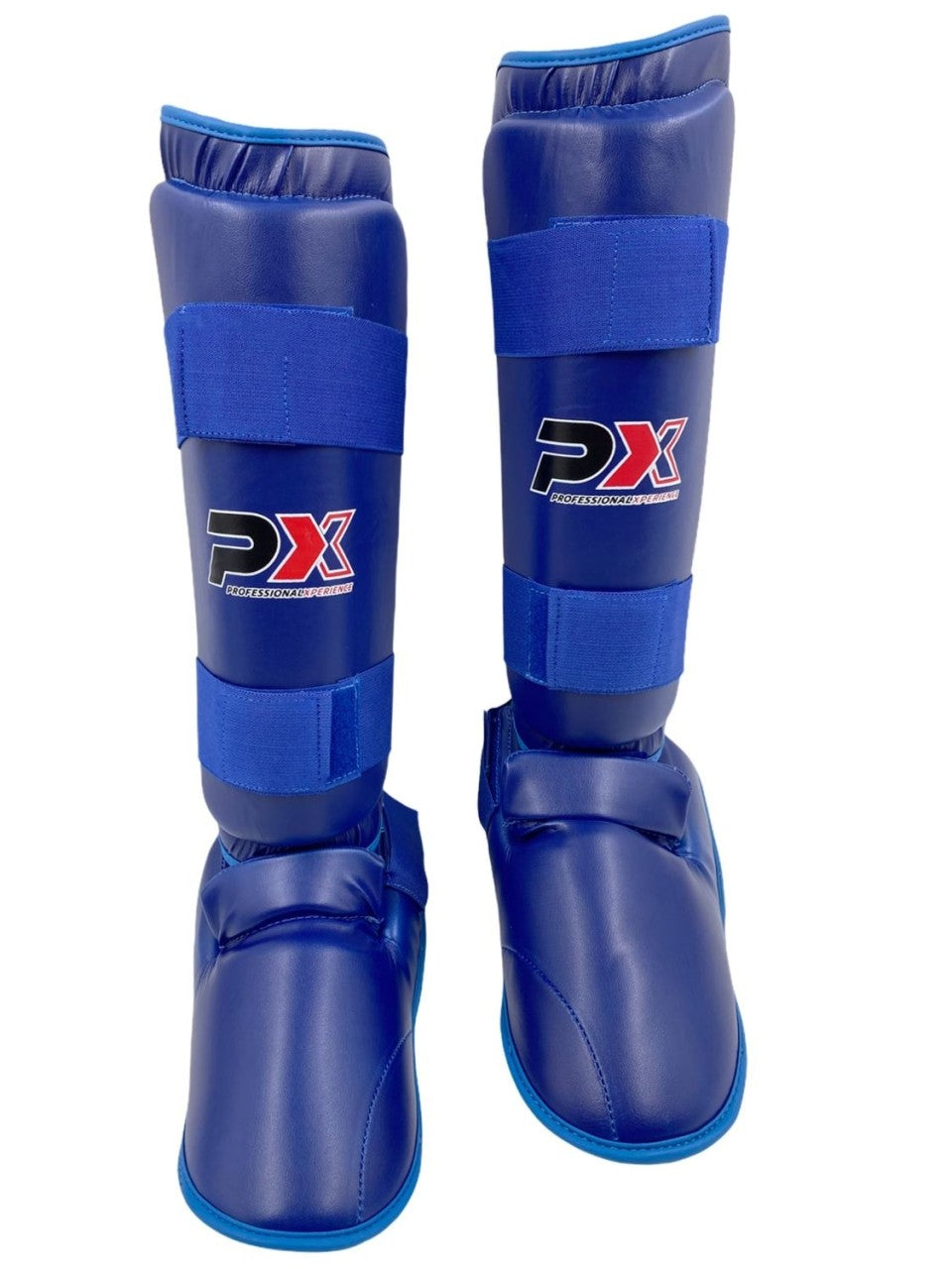 Protège-tibias bleu pour le karaté et le kumite, coupe ergonomique – avec fermeture velcro
