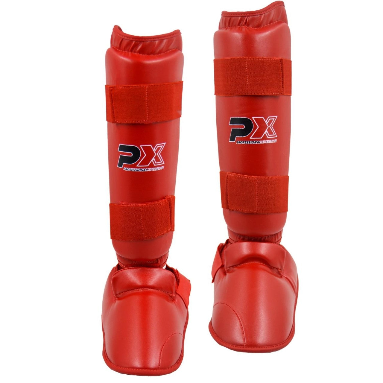 Protège-tibias de karaté kumite rouge, coupe ergonomique – avec fermeture velcro