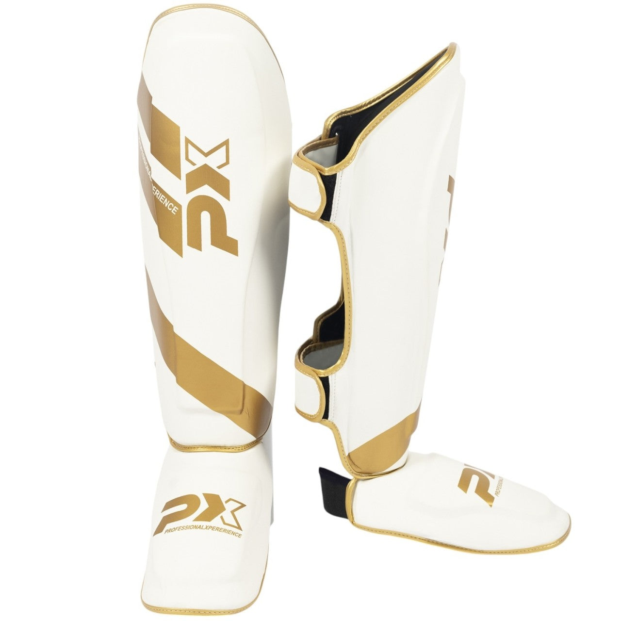 Protège-tibias PX FIGHT PRO en cuir synthétique, blanc, coupe ergonomique – convient pour
