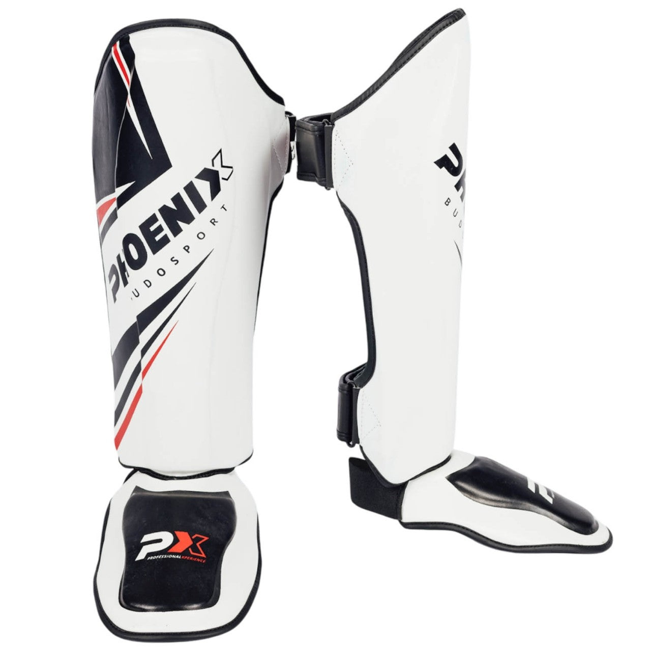 Protège-tibias PX Legacy, PU, coupe ergonomique blanc-noir-rouge – avec