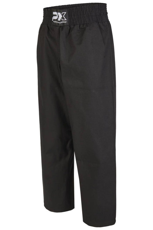 Pantalon de kickboxing PX long tout noir – coupe large pour les coups de pied hauts, ceinture élastique avec cordon de serrage