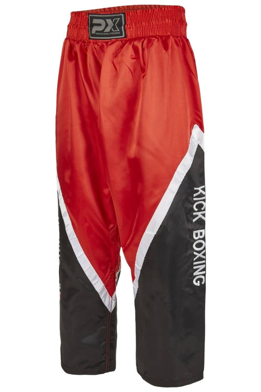 Pantalon de kickboxing PX noir-rouge-blanc – coupe large pour les coups de pied hauts, ceinture élastique avec cordon de serrage