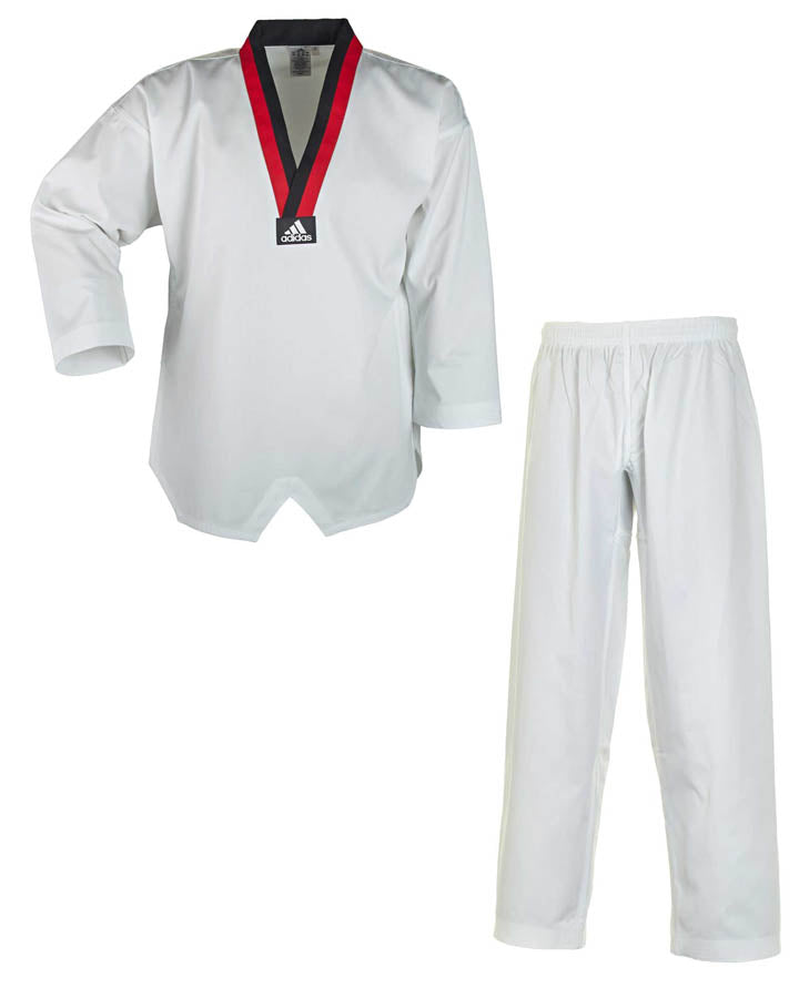 Uniforme de Taekwondo Adidas Poom, veste Dobok à col en V à revers noir/rouge