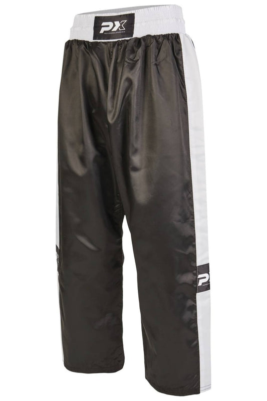 Pantalon de kickboxing PX TOPFIGHT, noir et blanc – coupe large pour les coups de pied hauts, ceinture élastique avec cordon de serrage