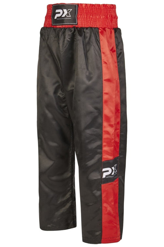 Pantalon de kickboxing PX TOPFIGHT, noir-rouge – coupe large pour les coups de pied hauts, ceinture élastique avec cordon de serrage