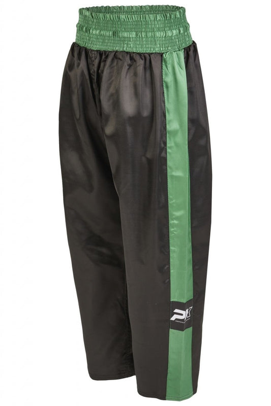 Pantalon de kickboxing PX Topfight - noir-vert avec ceinture élastique - Pantalon d'arts martiaux de kickboxing long - taille 120 à 200 cm