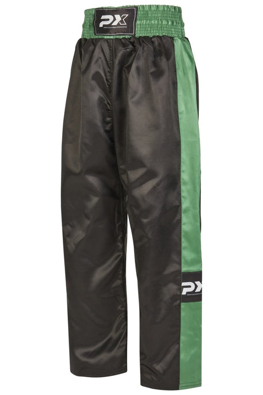 Pantalon de kickboxing PX TOPFIGHT, noir-vert – coupe large pour les coups de pied hauts, ceinture élastique avec cordon de serrage