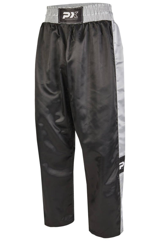 Pantalon de kickboxing PX TOPFIGHT, noir-gris – coupe large pour les coups de pied hauts, ceinture élastique avec cordon de serrage