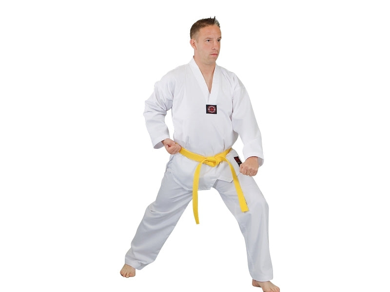 Tenue de Taekwondo Standard Côtelé léger, revers en V blanc, ENSEMBLE (veste, pantalon, ceinture blanche)