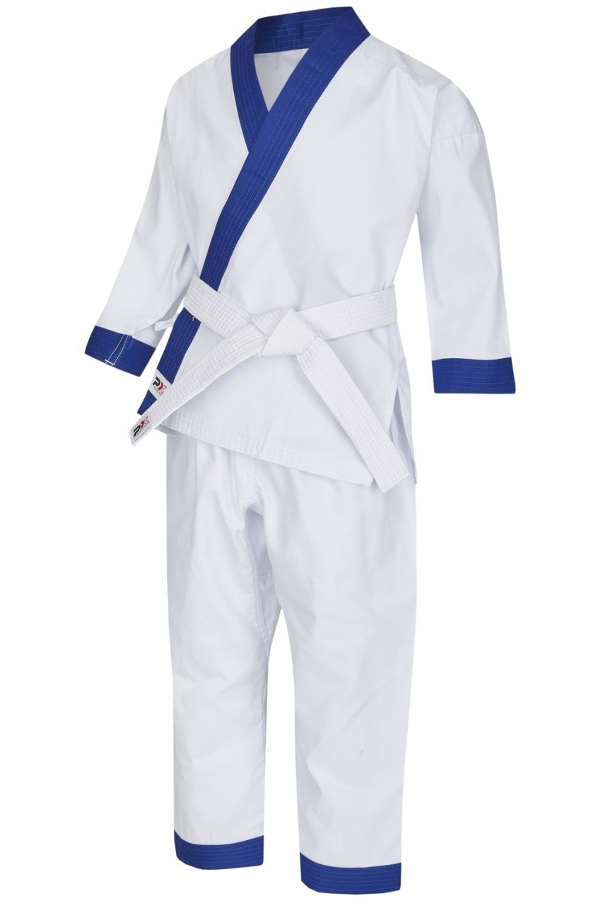 Tenue de Taekwondo BUDO KIDS blanc-bleu, ensemble pour enfant (veste traditionnelle, pantalon à ceinture élastique, ceinture blanche)