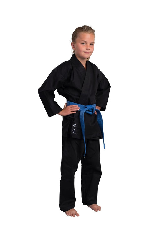 Combinaison Ninjutsu Classique noire 8 oz - Ensemble Ninjutsu Gi (veste, pantalon avec ceinture élastique, ceinture blanche) combinaison débutant, enfants, adultes