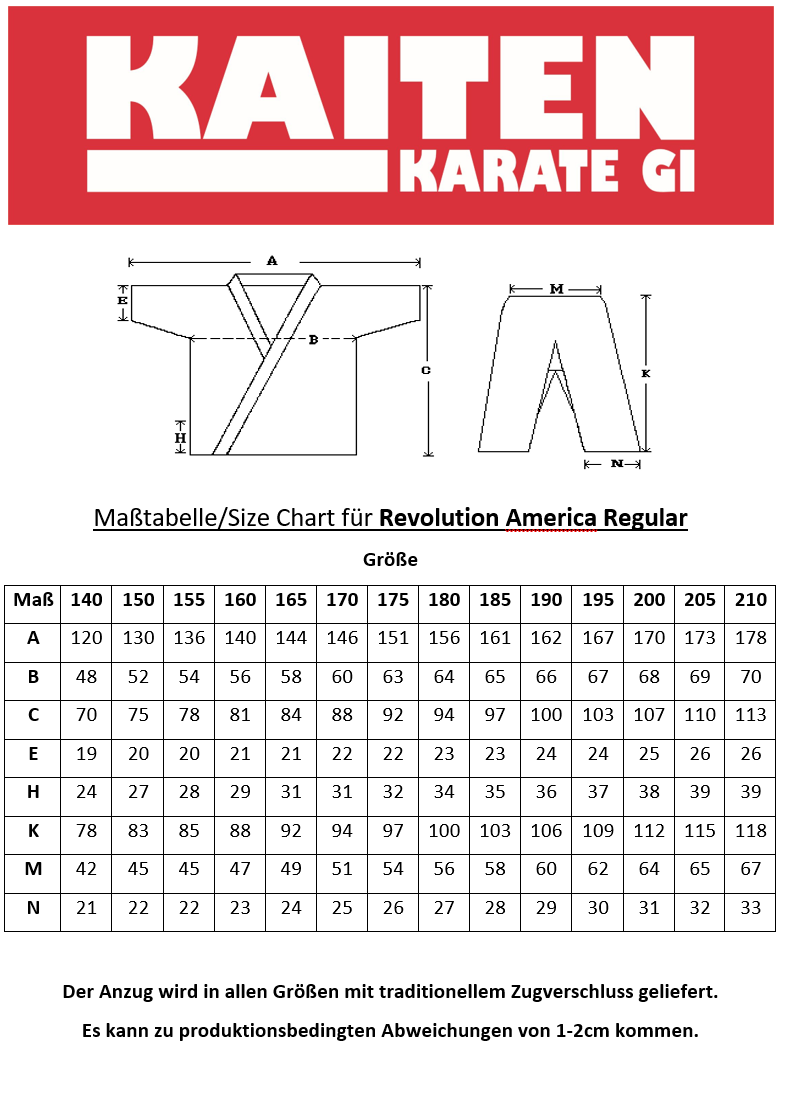 KAITEN Karate Suit America REGULAR - Karaté Gi blanc 14 oz coton - Pantalon avec cordon de serrage