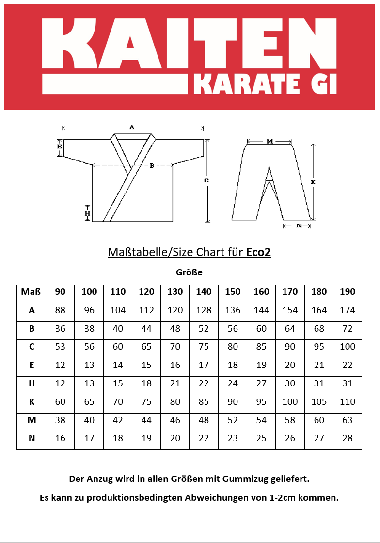 Tenue de karaté KAITEN pour débutant Eco 2 - Karate Gi blanc en coton 7 oz - pantalon avec ceinture élastique