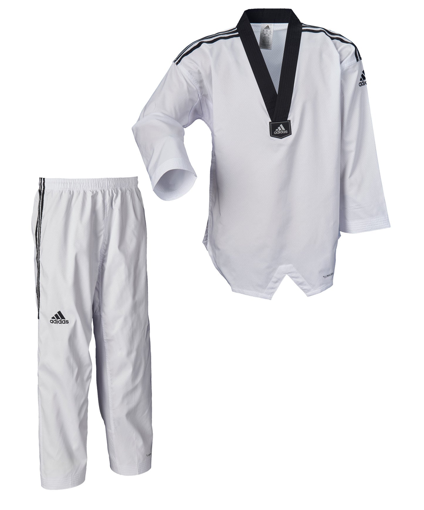 Uniforme de taekwondo adidas, Adi Fighter Eco à rayures, veste dobok à revers noir et col en V