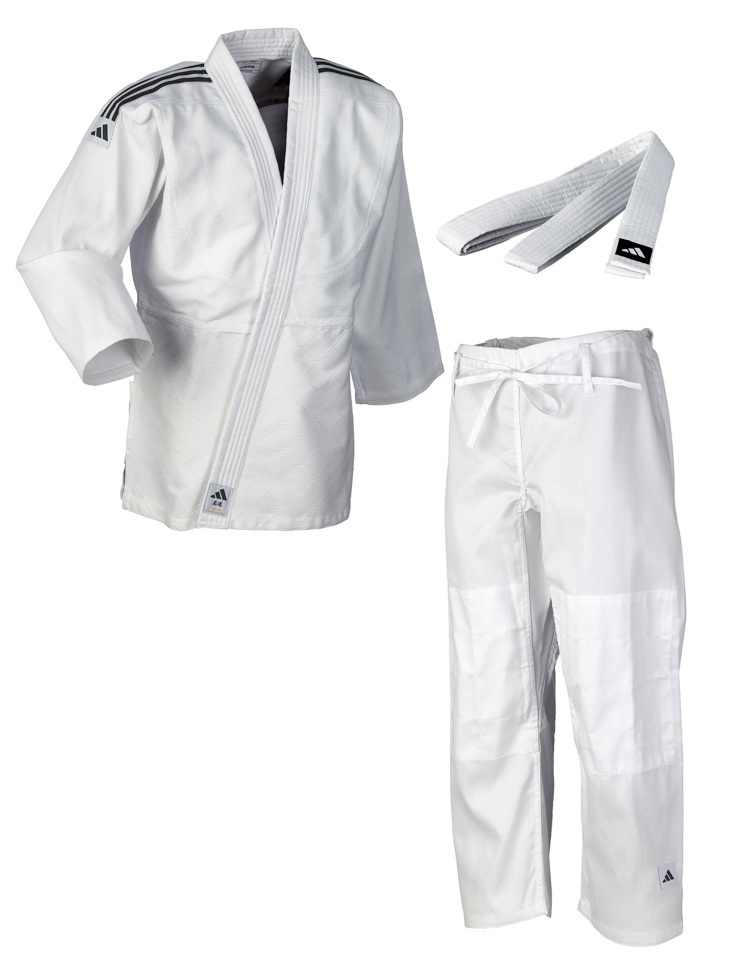 Tenue de judo adidas Club à rayures blanches et noires, kimono de judo J350 (veste de judo, pantalon de judo)