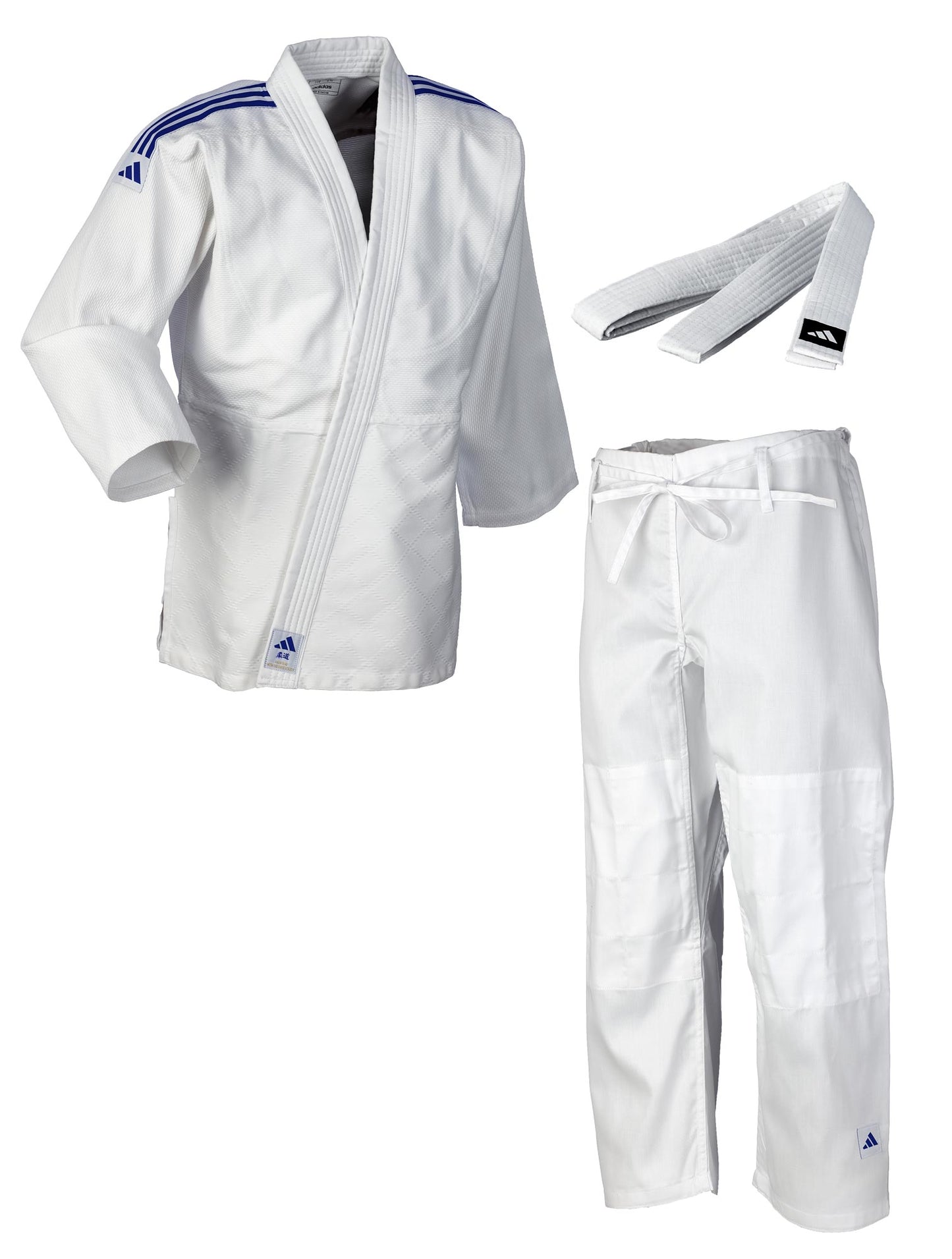 Tenue de judo adidas Club à rayures blanches et bleues, kimono de judo J350 (veste de judo, pantalon de judo)
