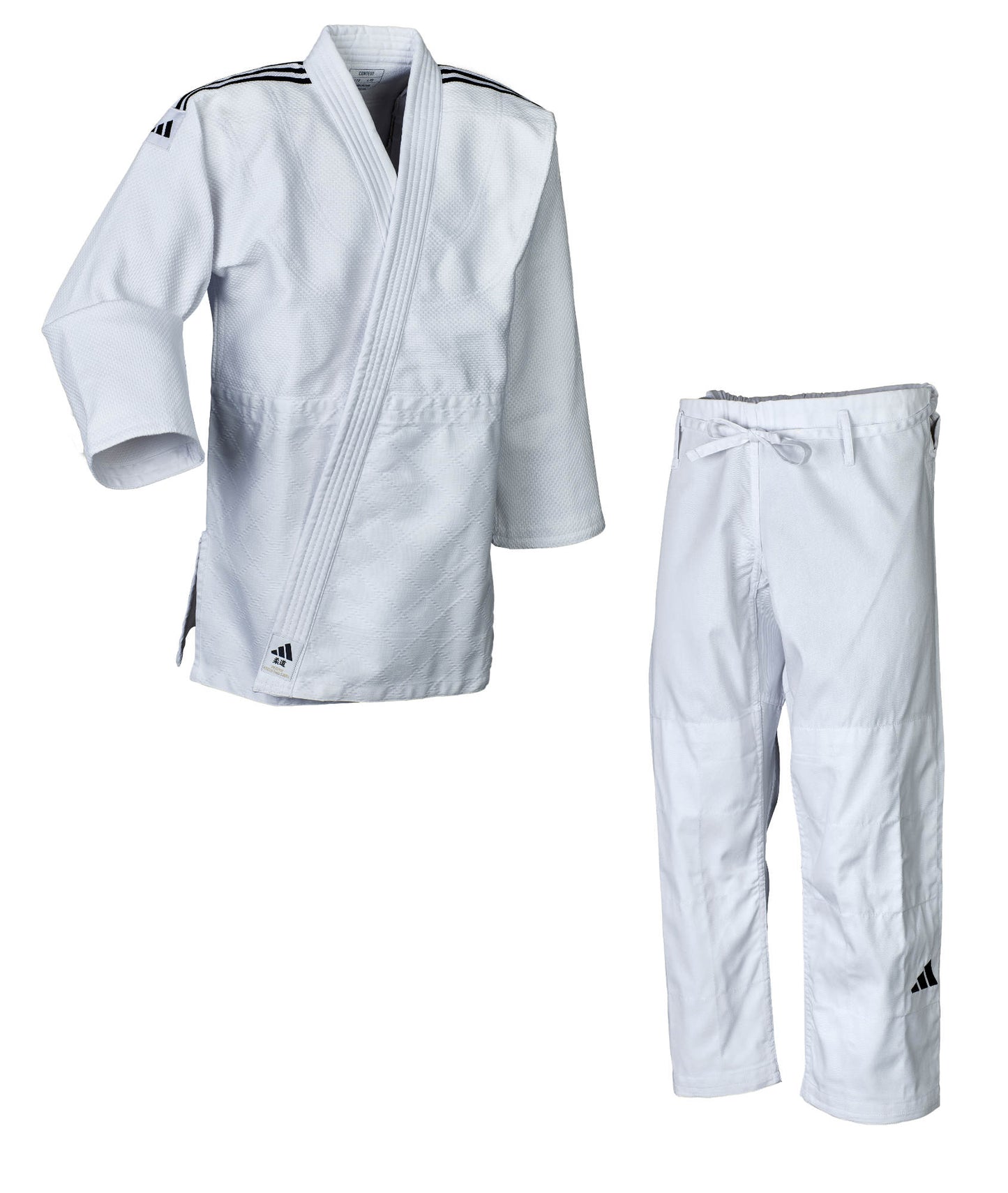Tenue de judo adidas Contest à rayures blanches et noires, kimono de judo J650 (veste de judo, pantalon de judo)