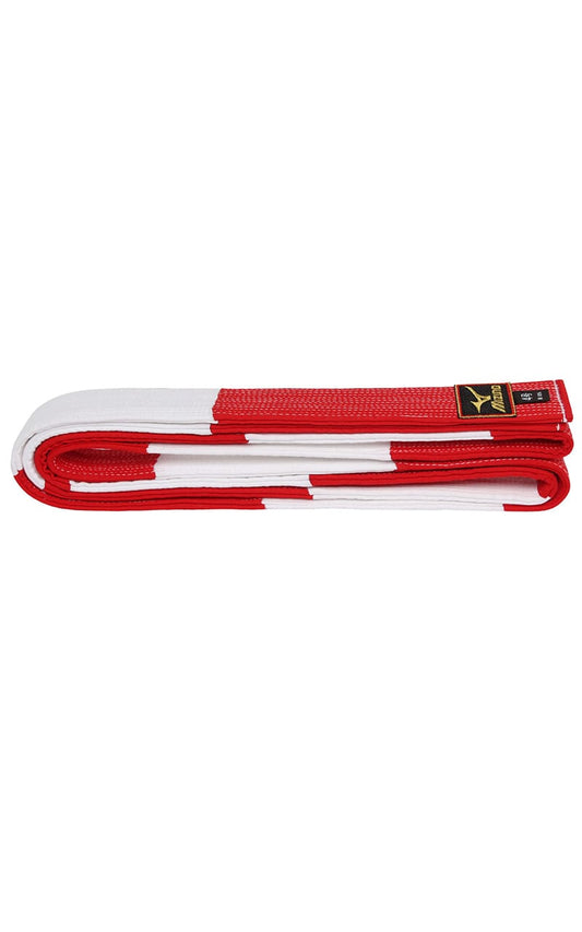 Ceinture de judo MIZUNO Master rouge-blanc bloquée - Fabriquée au Japon - Largeur 4,5 cm - Ceinture Grandmaster