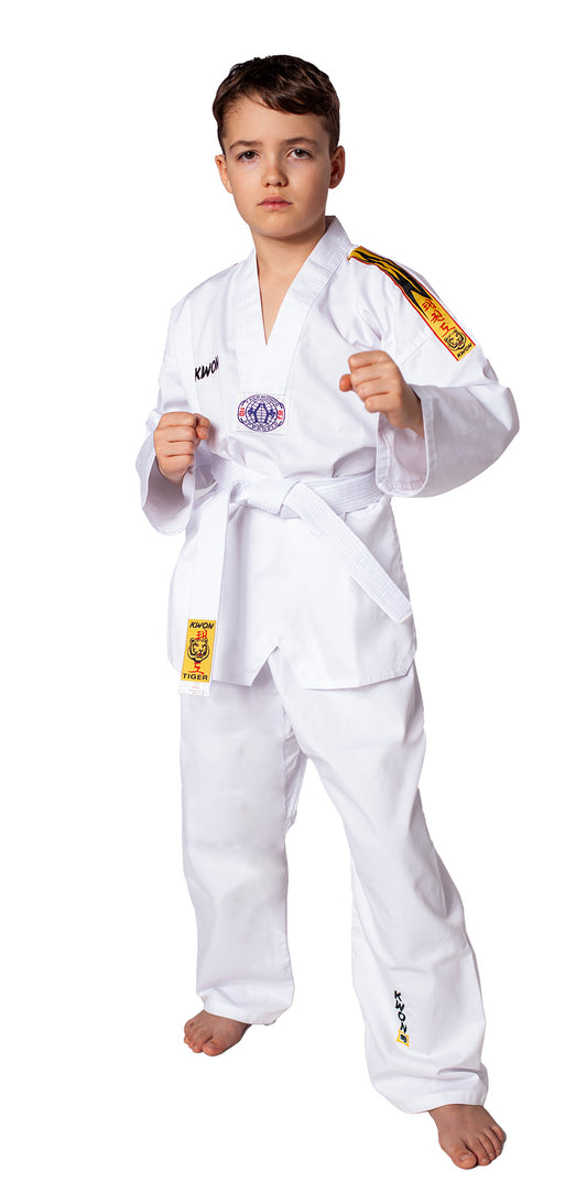 Combinaison de Taekwondo KWON (R) Tigre - Dobok pour enfant avec veste et ceinture blanche