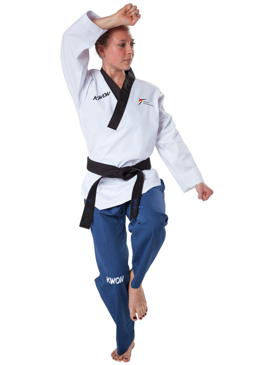 KWON (R) Taekwondo Poomsae Suit Grand Ladies, veste blanche, pantalon bleu