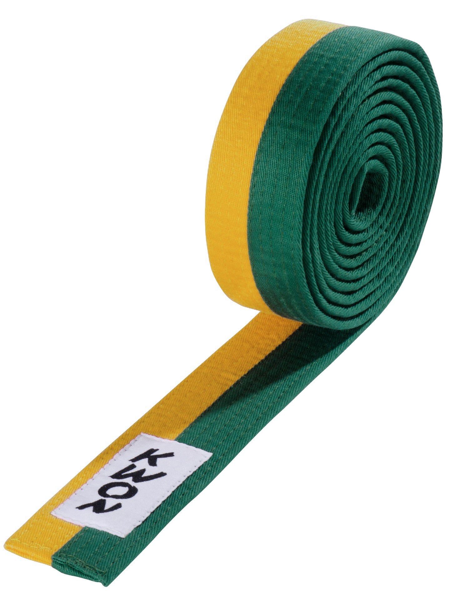 Ceinture d'arts martiaux KWON (R) Budo jaune/verte à moitié rayée