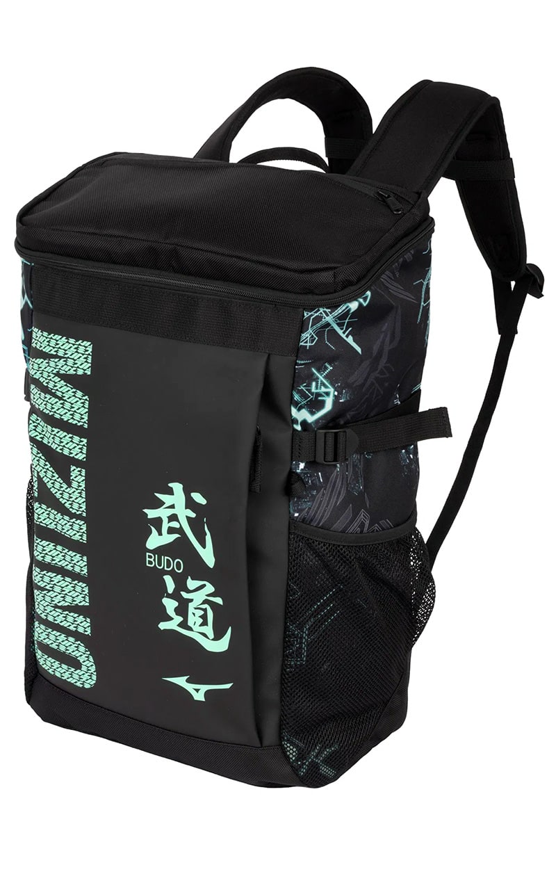 MIZUNO Judo Sport-Rucksack 30 Liter schwarz-grün - Budo Schriftzeichen Aufdruck