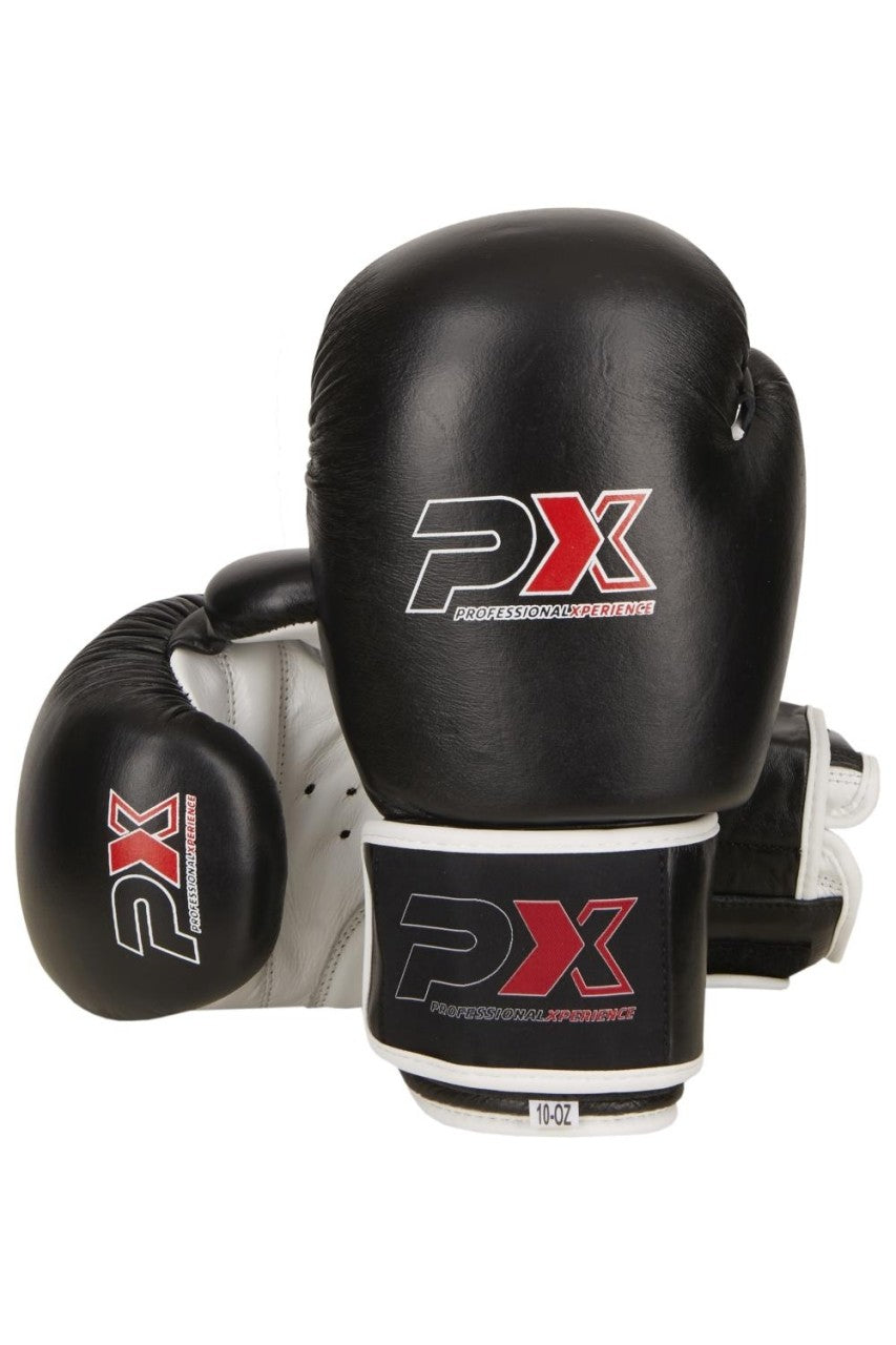 Gants de boxe PX en cuir noir et blanc 8-16 oz - Gants d'entraînement rembourrés