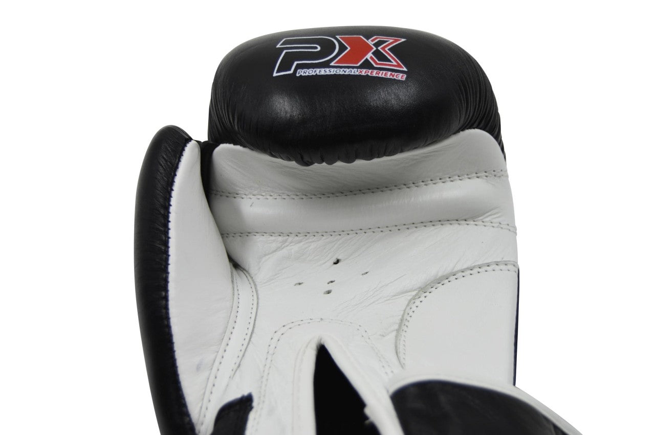 Gants de boxe PX en cuir noir et blanc 8-16 oz - Gants d'entraînement rembourrés