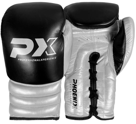Gants de boxe de compétition PX en cuir noir-argent – ​​coupe ergonomique