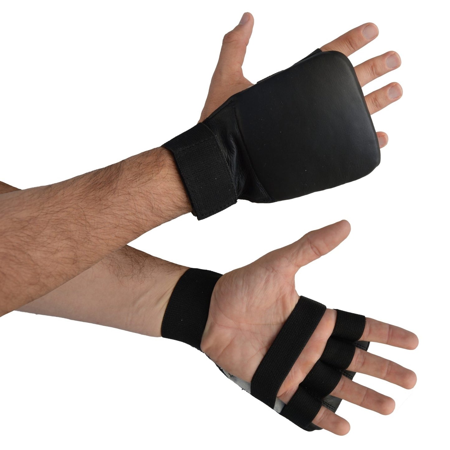 Protège-poings de karaté TEKKA BUDO, noir mat, mitaine en cuir véritable, passants pour les doigts avec bande élastique