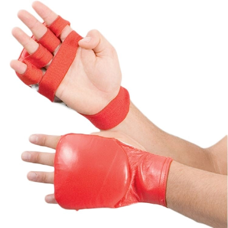 Protège-poings de karaté TEKKA BUDO plats rouges - Mitaines en cuir véritable - Passants pour les doigts avec bande élastique