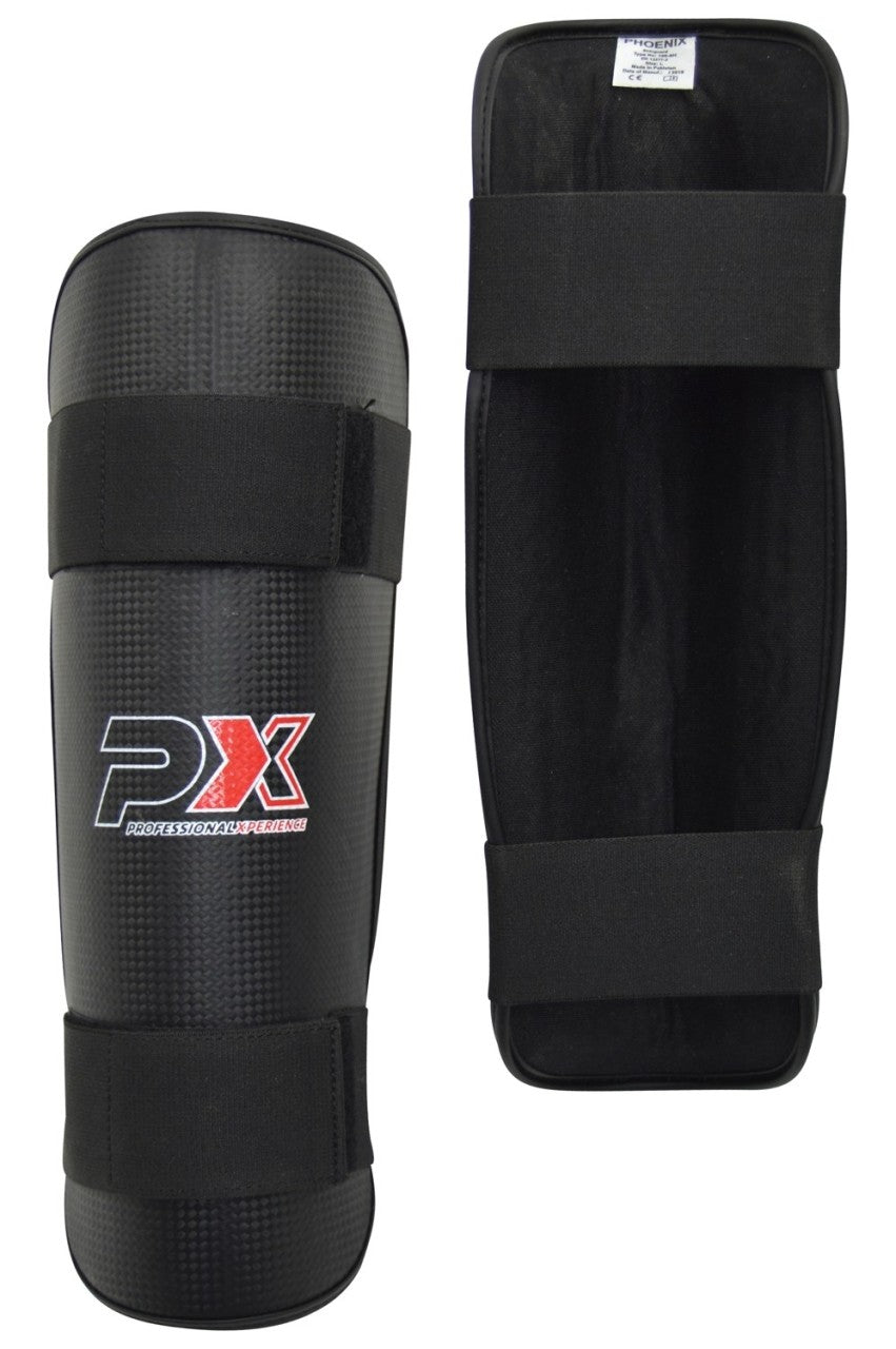Protège-tibias PX aspect carbone noir - Protections pour karaté, taekwondo, kickboxing - Arts martiaux