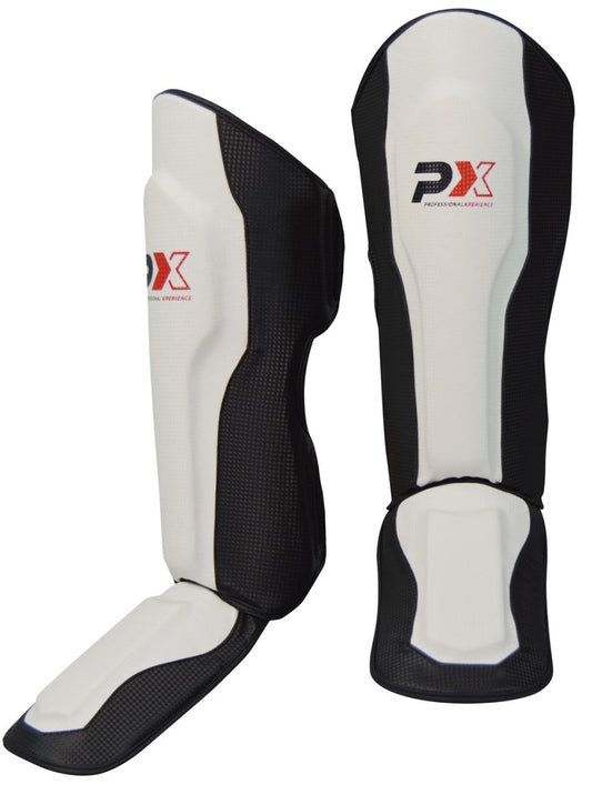 Protège-tibias PX FIGHT PRO en cuir synthétique noir-blanc - Protections pour karaté, taekwondo, kickboxing - Arts martiaux