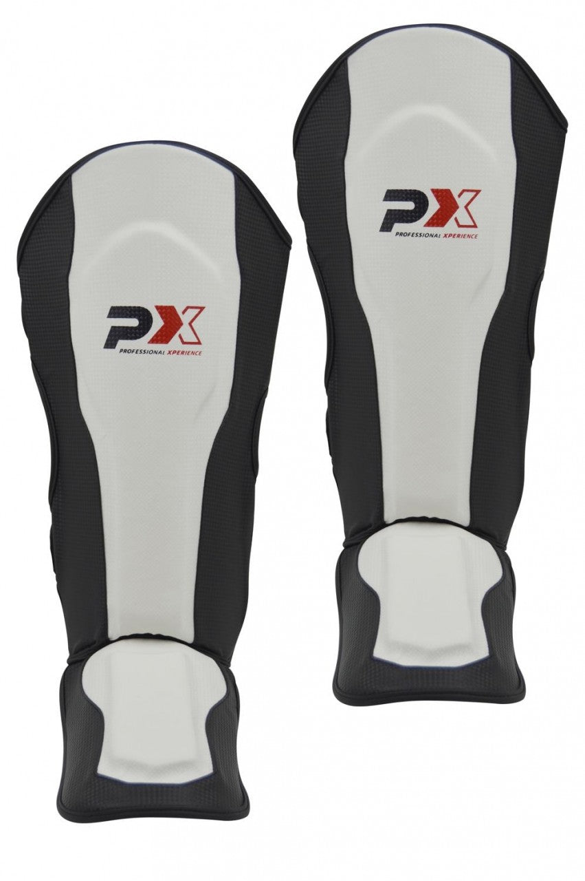 Protège-tibias PX FIGHT PRO en cuir synthétique noir-blanc - Protections pour karaté, taekwondo, kickboxing - Arts martiaux
