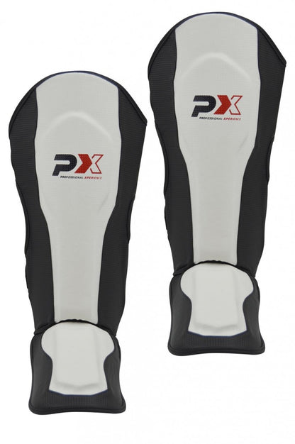 Protège-tibias PX FIGHT PRO en cuir synthétique noir-blanc - Protections pour karaté, taekwondo, kickboxing - Arts martiaux