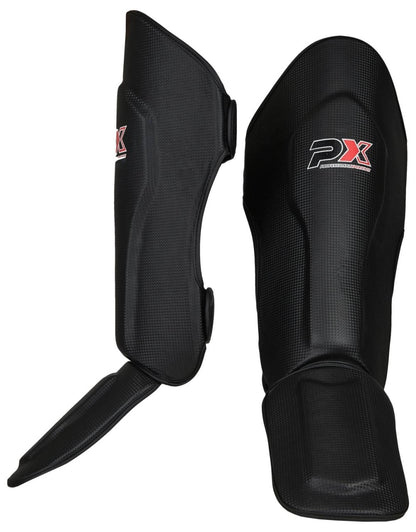 Protège-tibias PX FIGHT PRO en cuir synthétique noir-blanc - Protections pour karaté, taekwondo, kickboxing - Arts martiaux