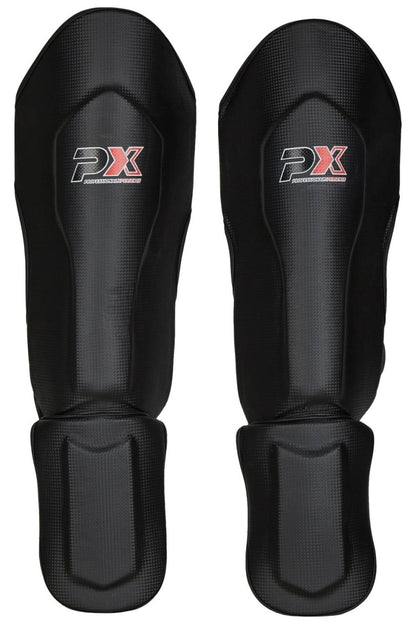Protège-tibias PX FIGHT PRO en cuir synthétique noir-blanc - Protections pour karaté, taekwondo, kickboxing - Arts martiaux