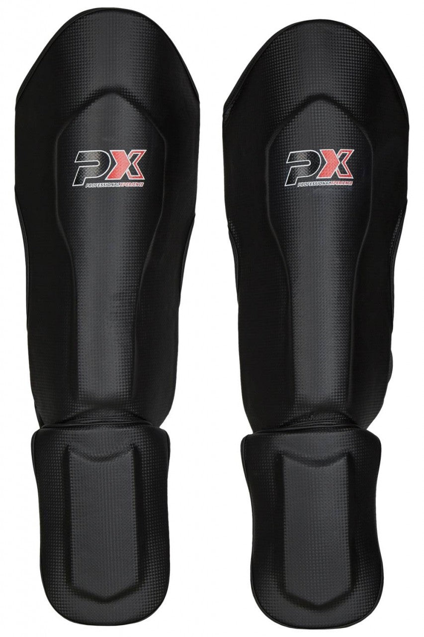 Protège-tibias PX FIGHT PRO en cuir synthétique noir-blanc - Protections pour karaté, taekwondo, kickboxing - Arts martiaux