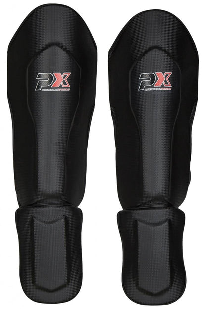 Protège-tibias PX FIGHT PRO en cuir synthétique noir-blanc - Protections pour karaté, taekwondo, kickboxing - Arts martiaux