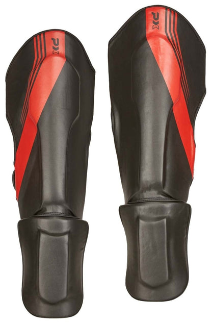 Protège-tibias PX FIGHT PRO en cuir synthétique noir-blanc - Protections pour karaté, taekwondo, kickboxing - Arts martiaux