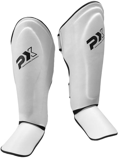 Protège-tibias PX FIGHT PRO en cuir synthétique noir-blanc - Protections pour karaté, taekwondo, kickboxing - Arts martiaux